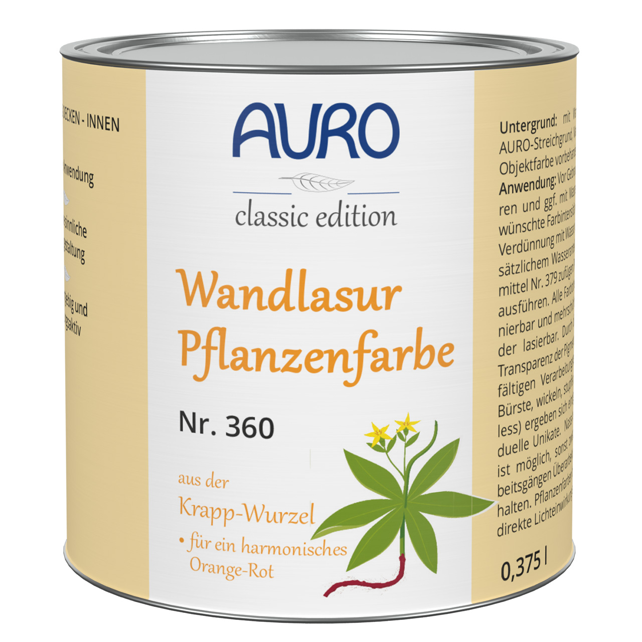 Wandlasur-Pflanzenfarbe reseda-krapp-orange – 0,375 Liter